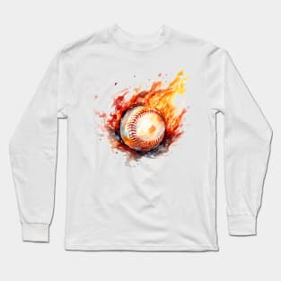 Flamming Baseball Watercolor Long Sleeve T-Shirt